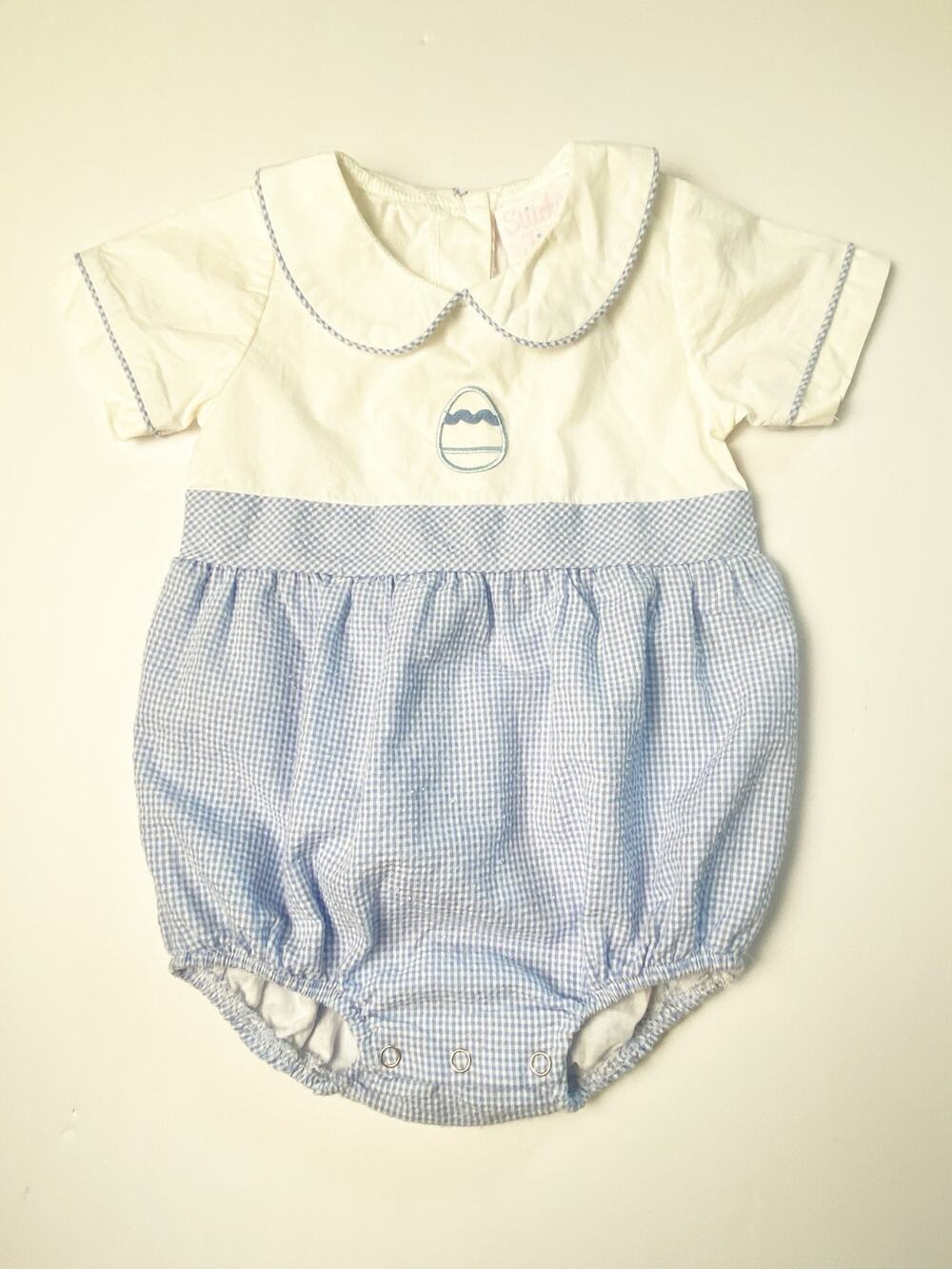 Sticky Fish Easter Egg White Blue Gingham 100% Cotton Romper Infant Size 12M